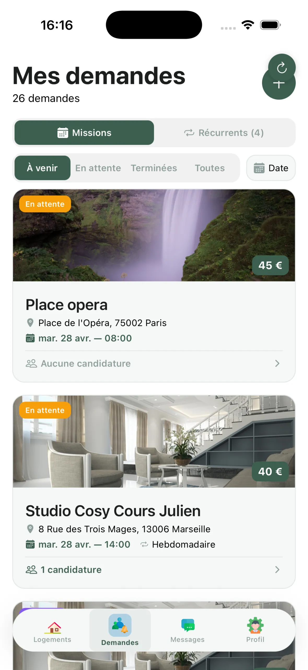 Planning des missions dans l'application mobile Maiday