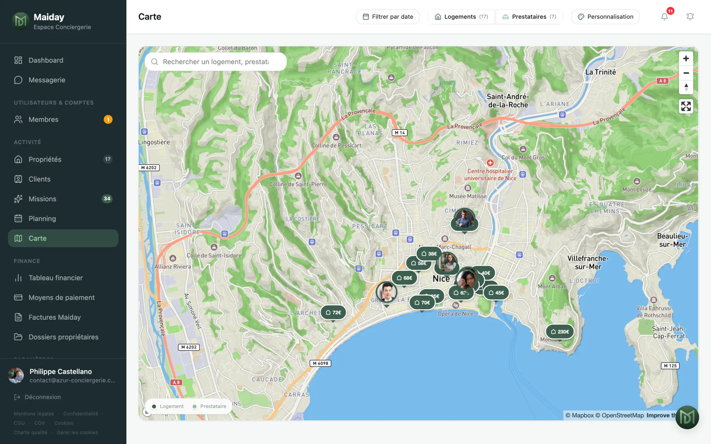 Carte Maiday : logements avec prix et prestataires géolocalisés à Nice