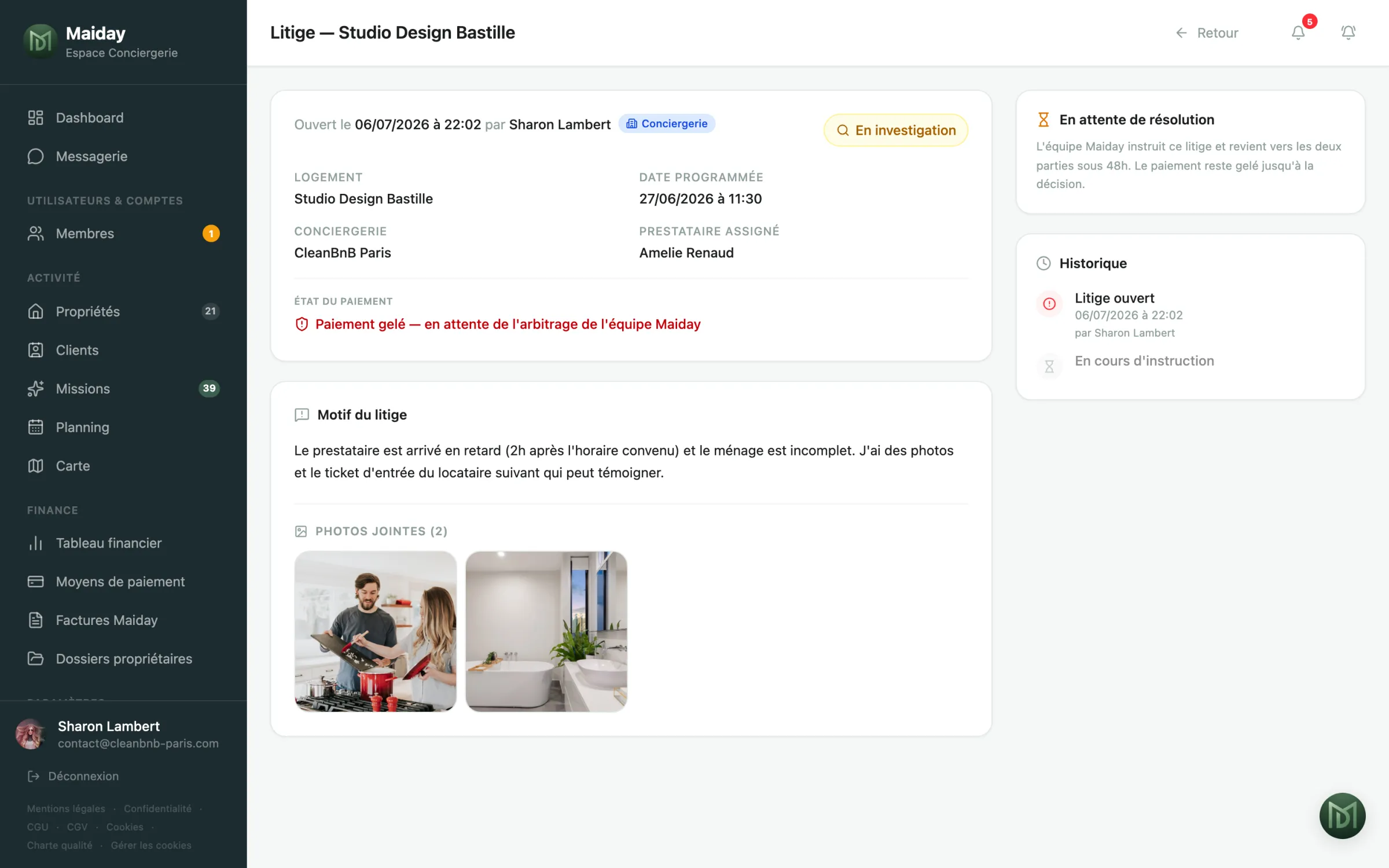 Fiche litige Maiday : motif, photos jointes, paiement gelé et suivi de l'instruction