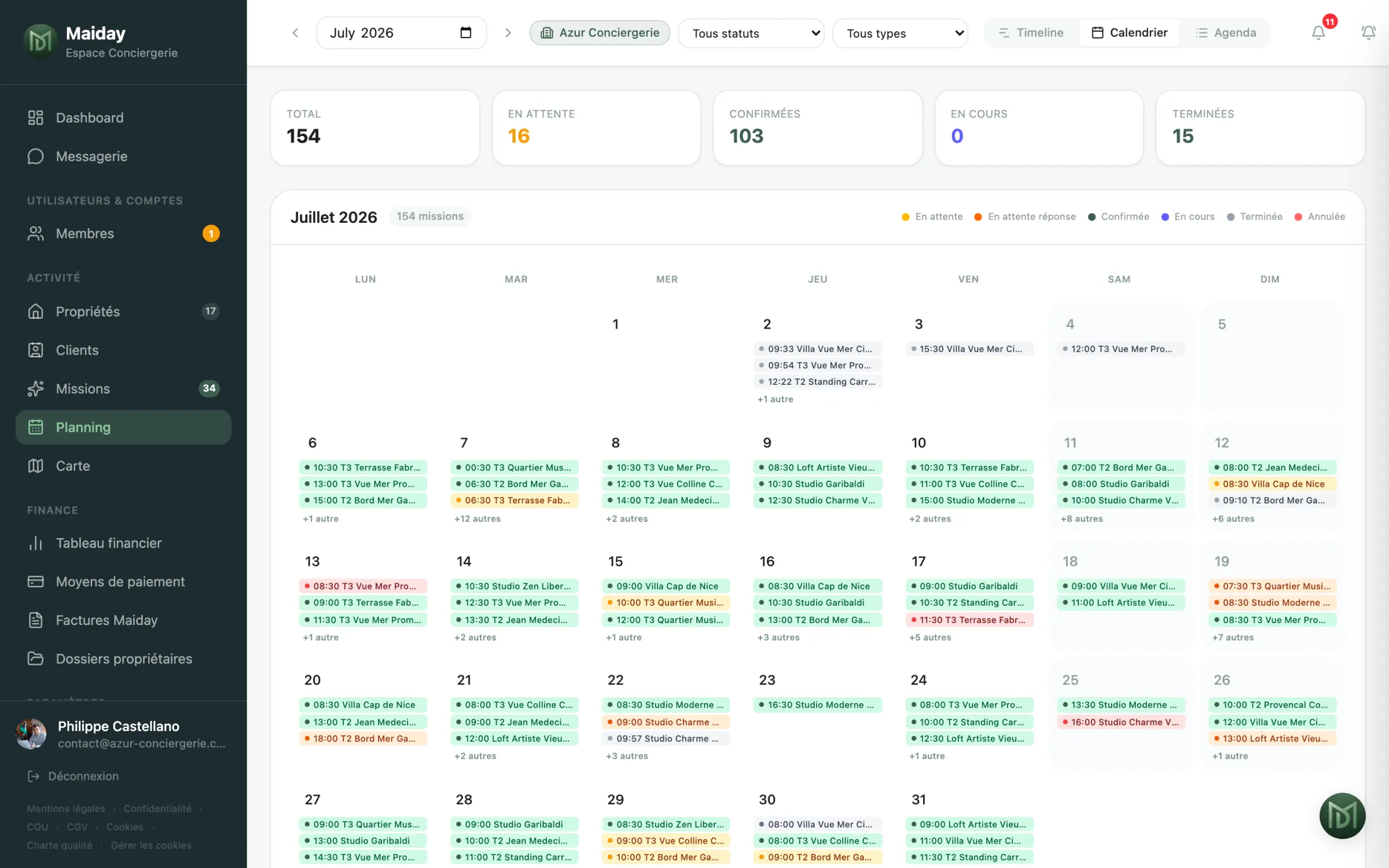 Planning Maiday : calendrier mensuel des missions d'une conciergerie, avec statuts par couleur