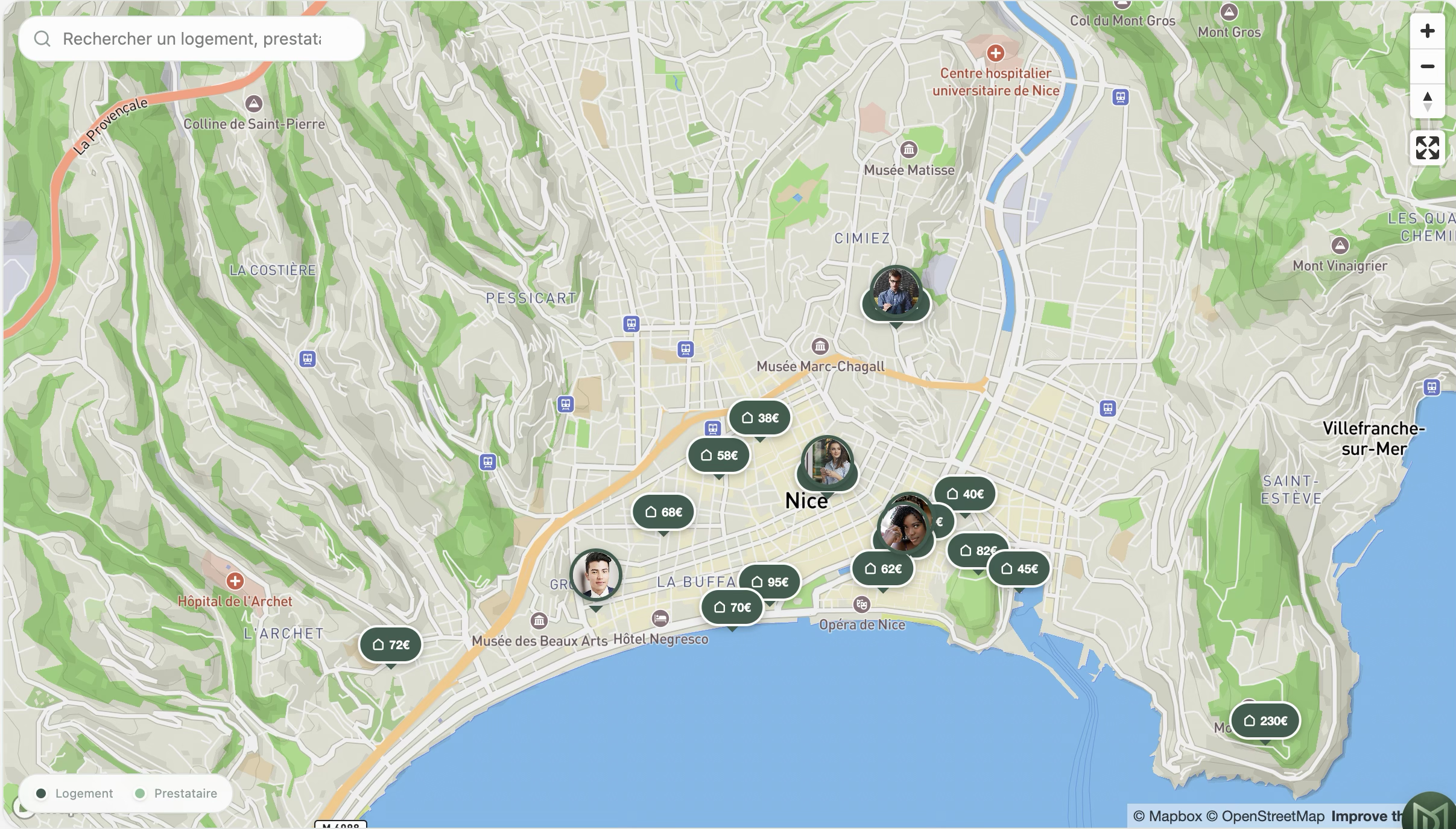 Carte Maiday : logements avec prix et prestataires géolocalisés à Nice